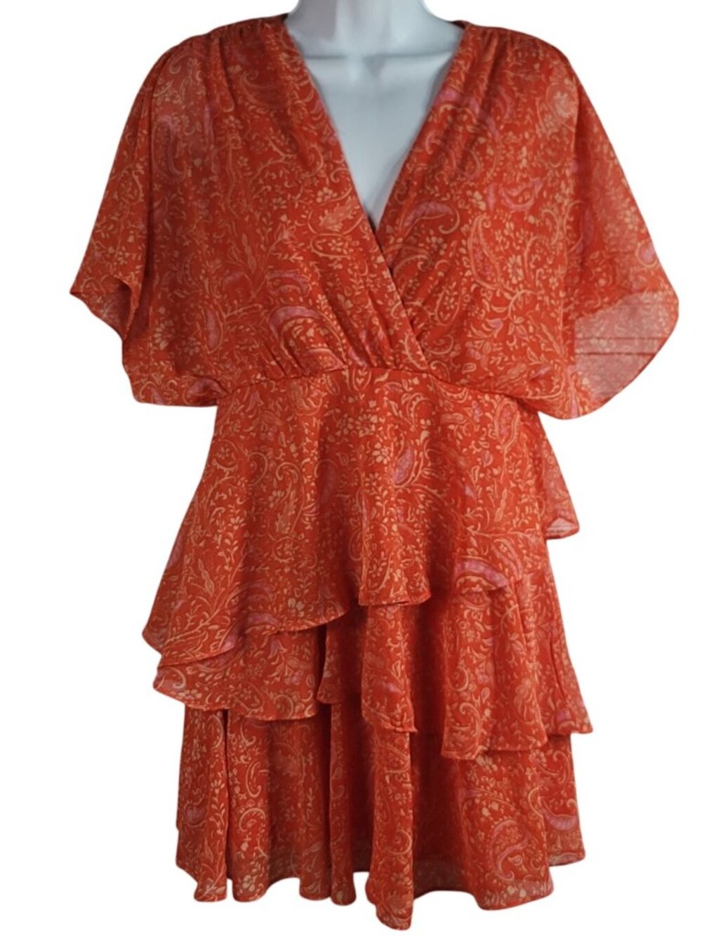 1.State Boho Ruffle Dress Orange Small Paisley Short Sleeves Lined V Neck NEW